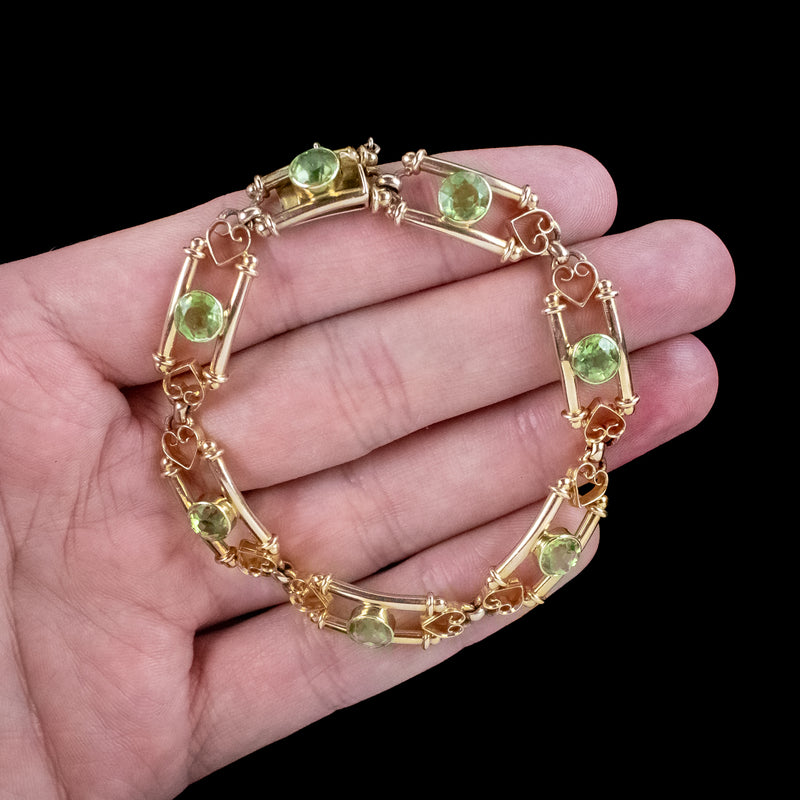 Antique Victorian Peridot Heart Bracelet 15ct Gold 