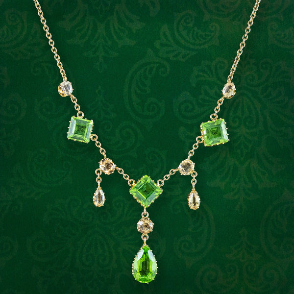 Antique Victorian Peridot Yellow Topaz Lavaliere Necklace 15ct Gold With Box