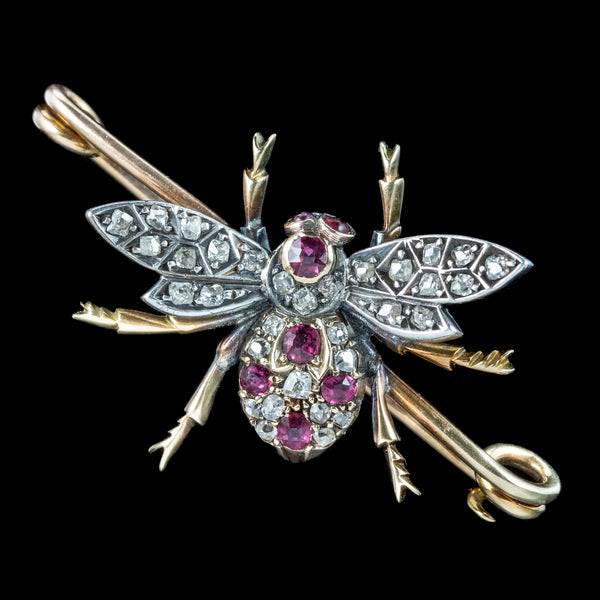 Antique Victorian Ruby Diamond Bee Bar Brooch 18ct Gold Silver 