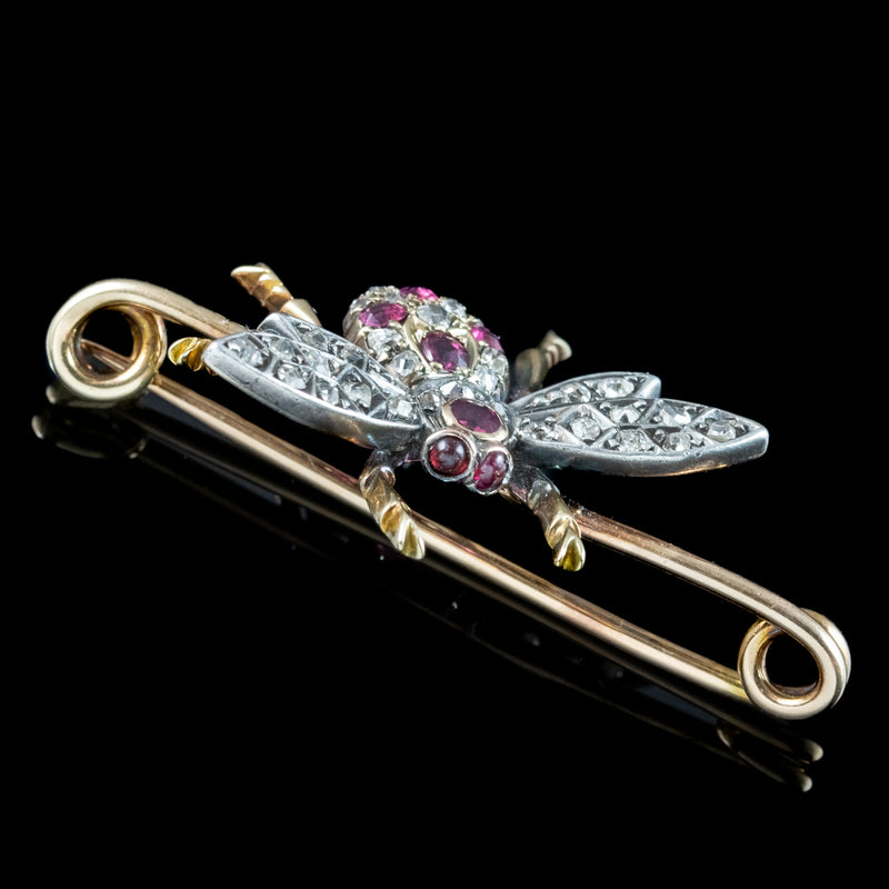 Antique Victorian Ruby Diamond Bee Bar Brooch 18ct Gold Silver 