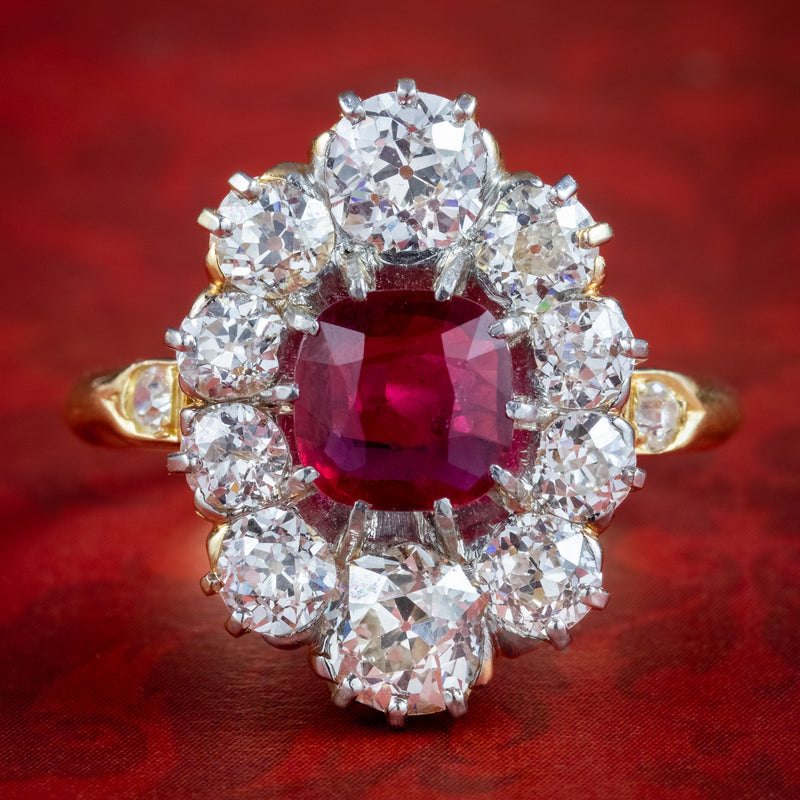 Antique Victorian Ruby Diamond Cluster Ring 1.15ct Ruby With Cert