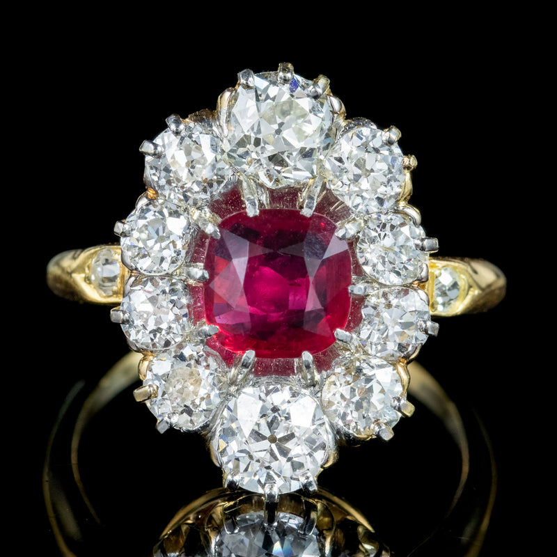 Antique Victorian Ruby Diamond Cluster Ring 1.15ct Ruby With Cert