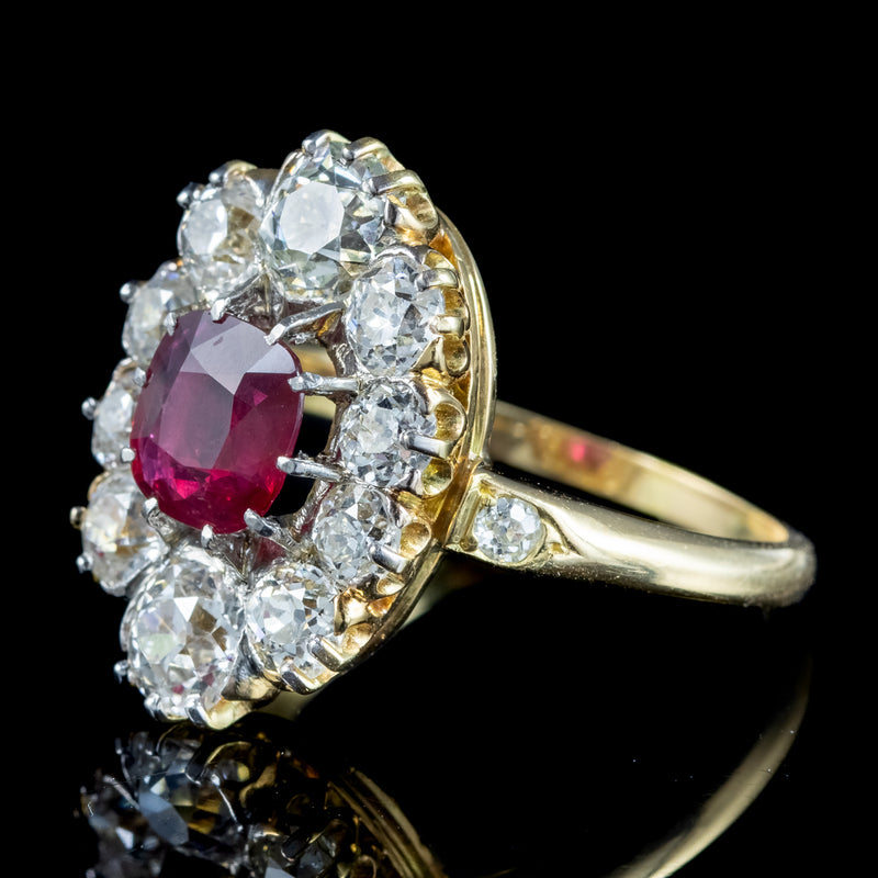 Antique Victorian Ruby Diamond Cluster Ring 1.15ct Ruby With Cert