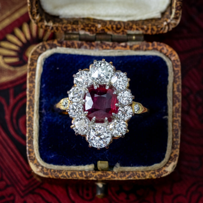 Antique Victorian Ruby Diamond Cluster Ring 1.15ct Ruby With Cert