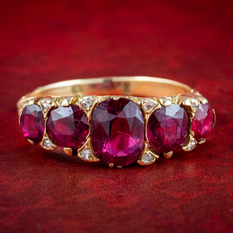 Antique Victorian Ruby Diamond Five Stone Ring 2.6ct Rubies With Cert