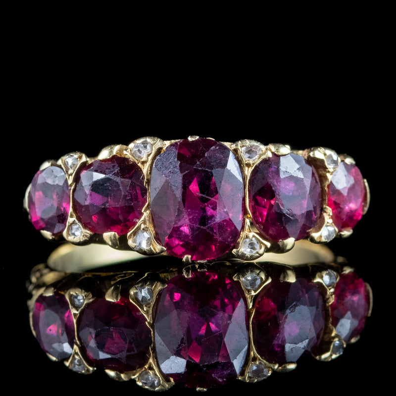 Antique Victorian Ruby Diamond Five Stone Ring 2.6ct Rubies With Cert