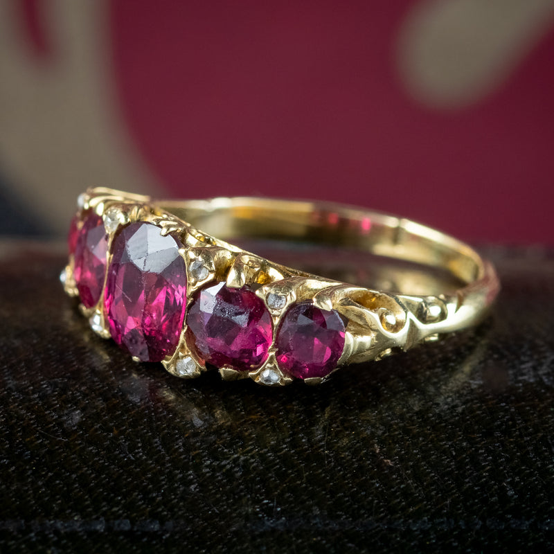 Antique Victorian Ruby Diamond Five Stone Ring 2.6ct Rubies With Cert