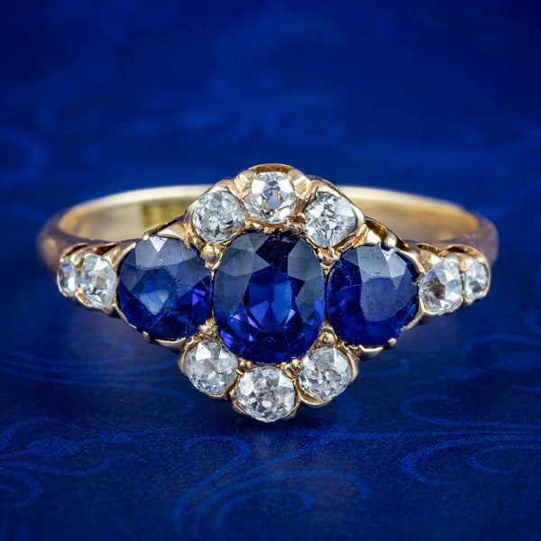 Antique Victorian Sapphire Diamond Cluster Ring 1.8ct Sapphire