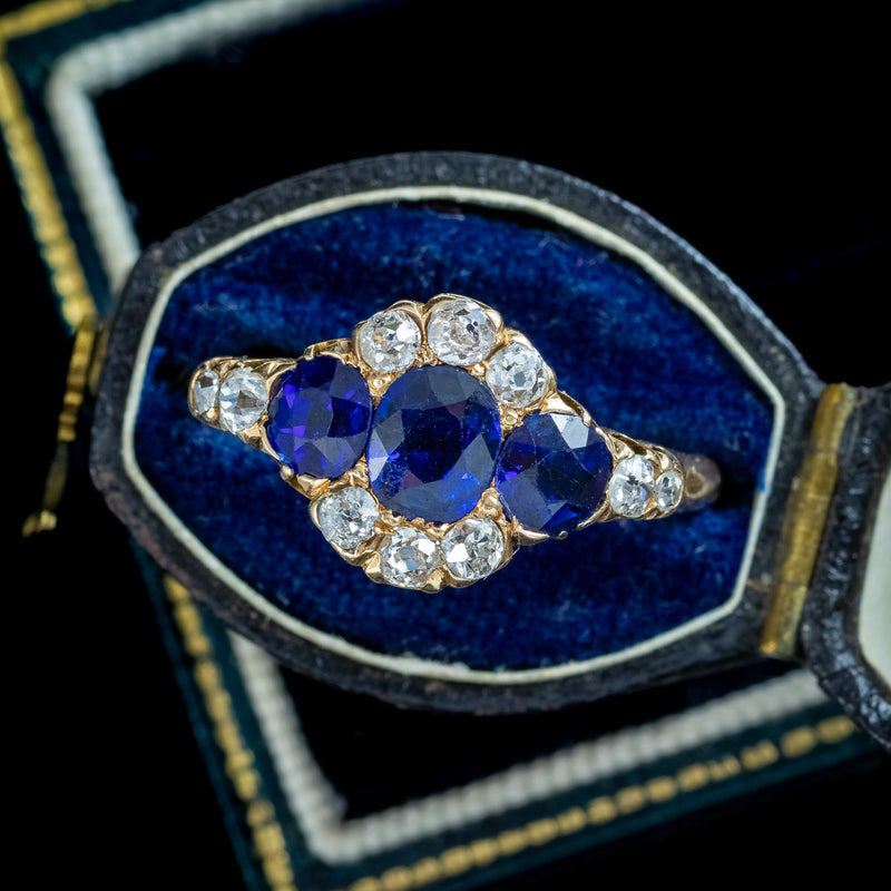 Antique Victorian Sapphire Diamond Cluster Ring 1.8ct Sapphire