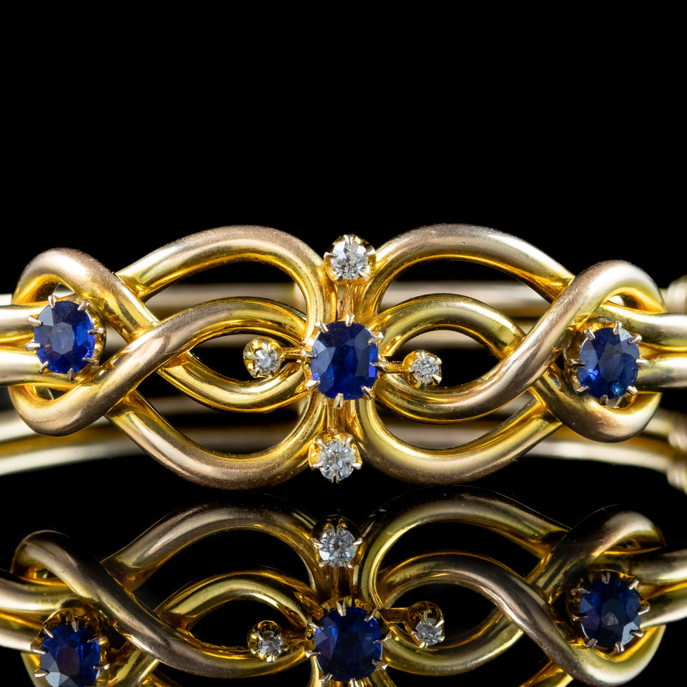 Antique Victorian Sapphire Diamond Love Knot Bangle 15ct Gold 