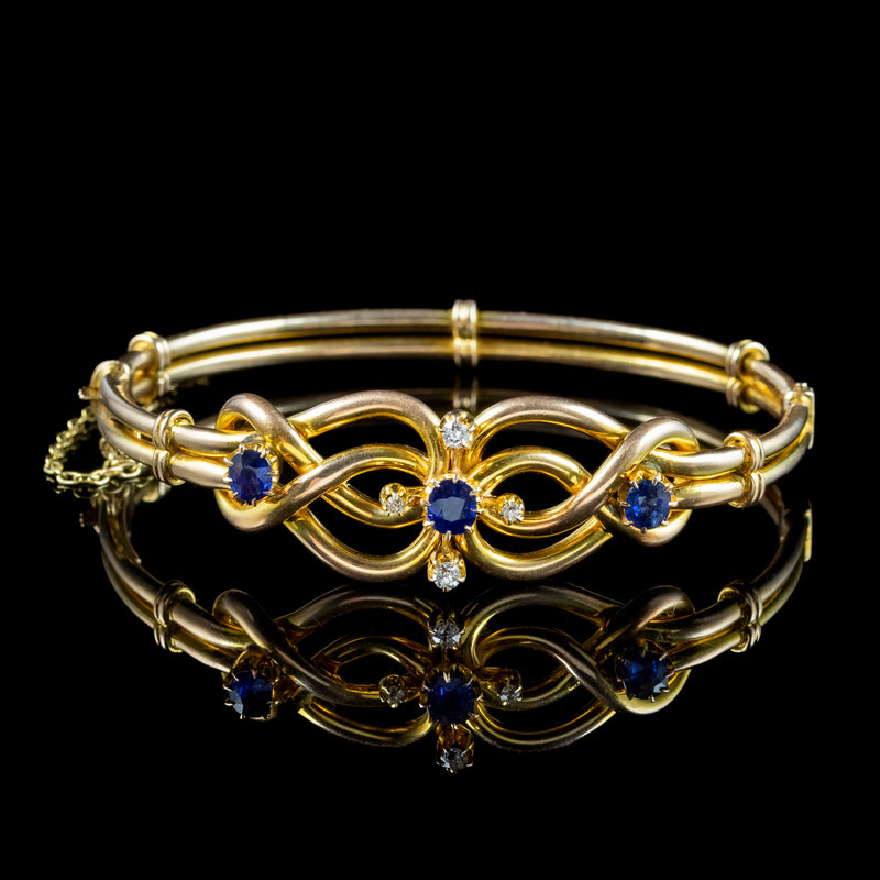 Antique Victorian Sapphire Diamond Love Knot Bangle 15ct Gold 