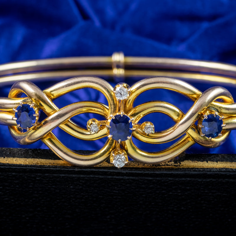 Antique Victorian Sapphire Diamond Love Knot Bangle 15ct Gold 