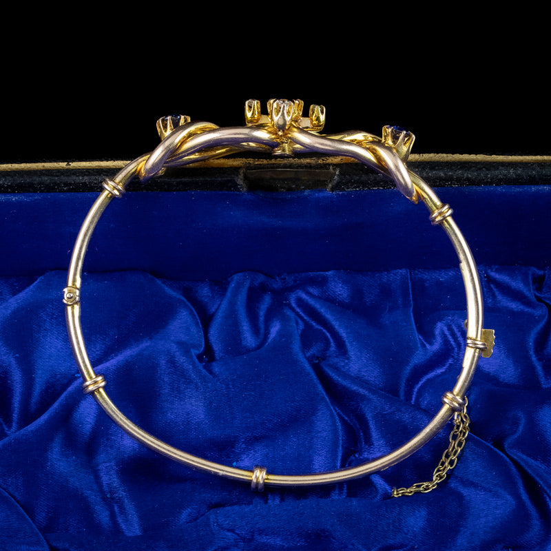 Antique Victorian Sapphire Diamond Love Knot Bangle 15ct Gold 