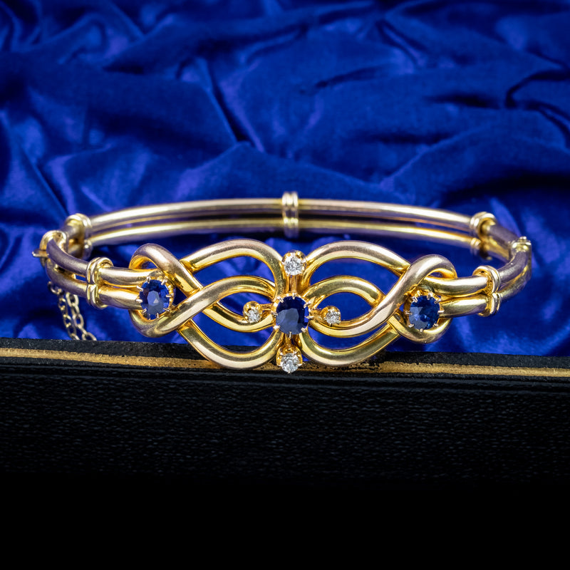 Antique Victorian Sapphire Diamond Love Knot Bangle 15ct Gold 