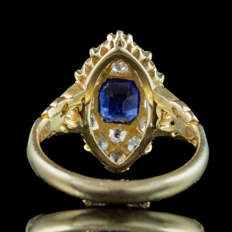 Antique Victorian Sapphire Diamond Navette Cluster Ring 1ct Sapphire