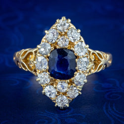 Antique Victorian Sapphire Diamond Navette Cluster Ring 1ct Sapphire