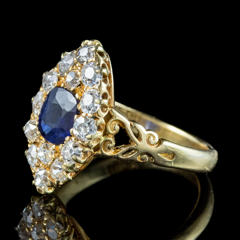 Antique Victorian Sapphire Diamond Navette Cluster Ring 1ct Sapphire