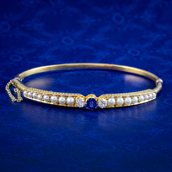 Antique Victorian Sapphire Diamond Pearl Bangle 15ct Gold 