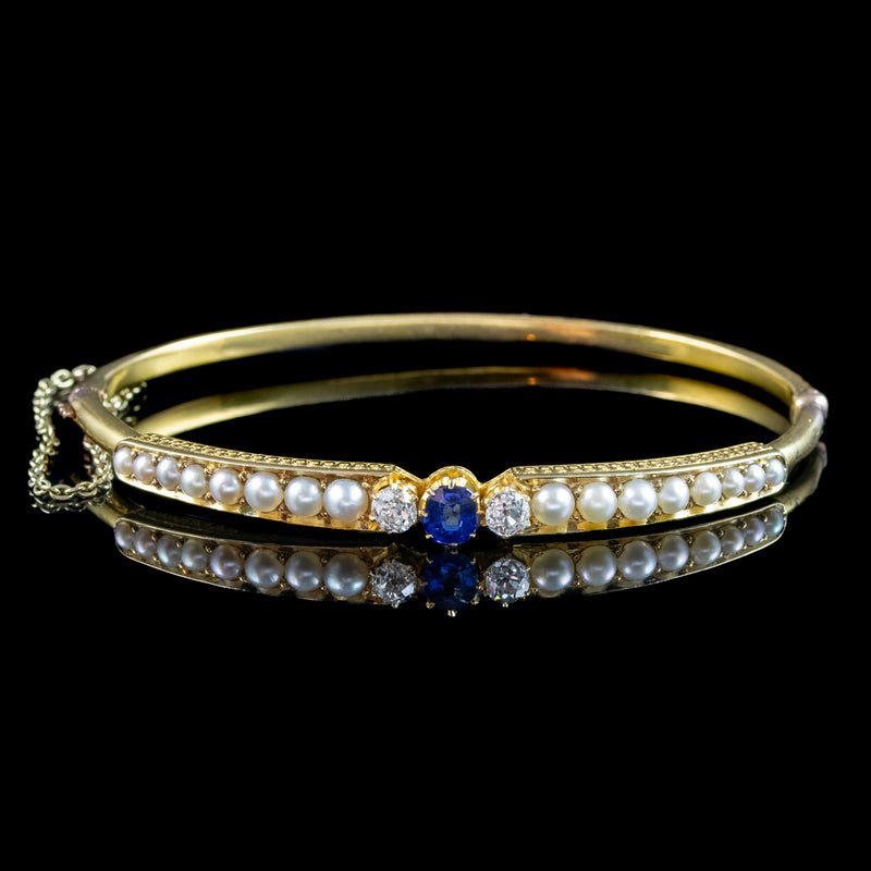 Antique Victorian Sapphire Diamond Pearl Bangle 15ct Gold 