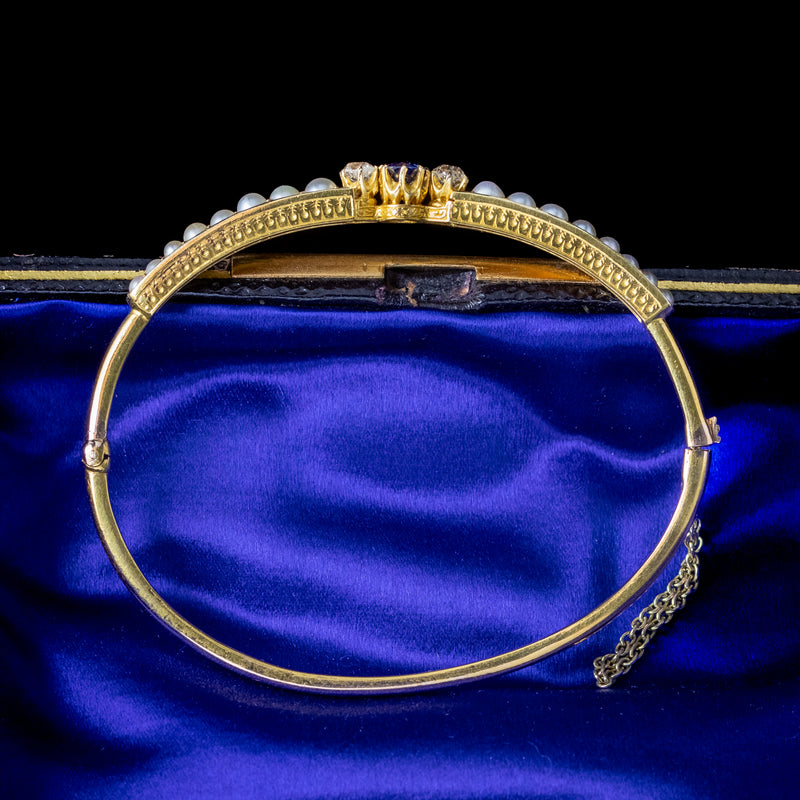 Antique Victorian Sapphire Diamond Pearl Bangle 15ct Gold 