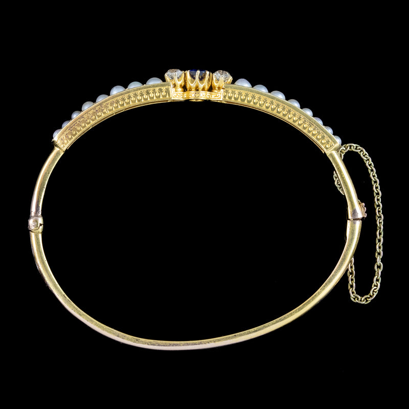 Antique Victorian Sapphire Diamond Pearl Bangle 15ct Gold 