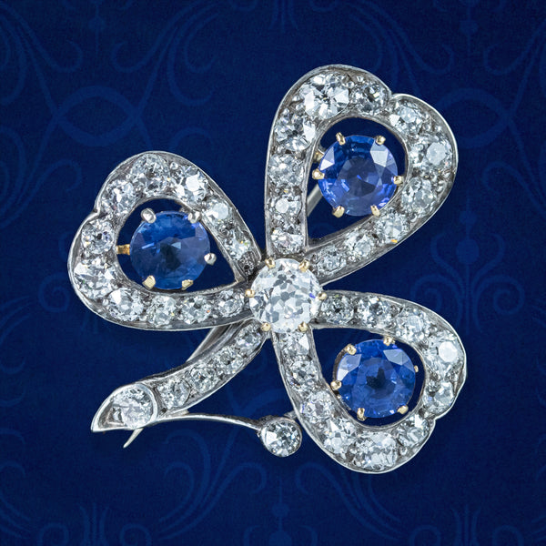 Antique Victorian Sapphire Diamond Shamrock Brooch Silver 18ct Gold