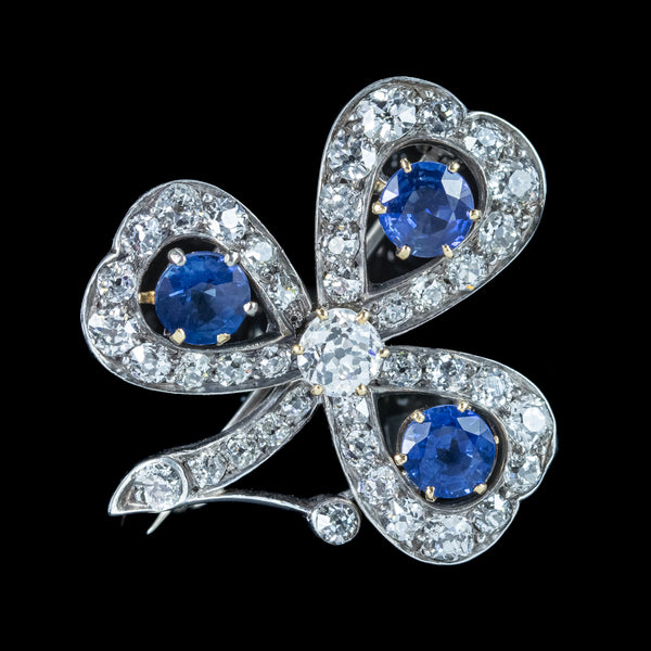 Antique Victorian Sapphire Diamond Shamrock Brooch Silver 18ct Gold