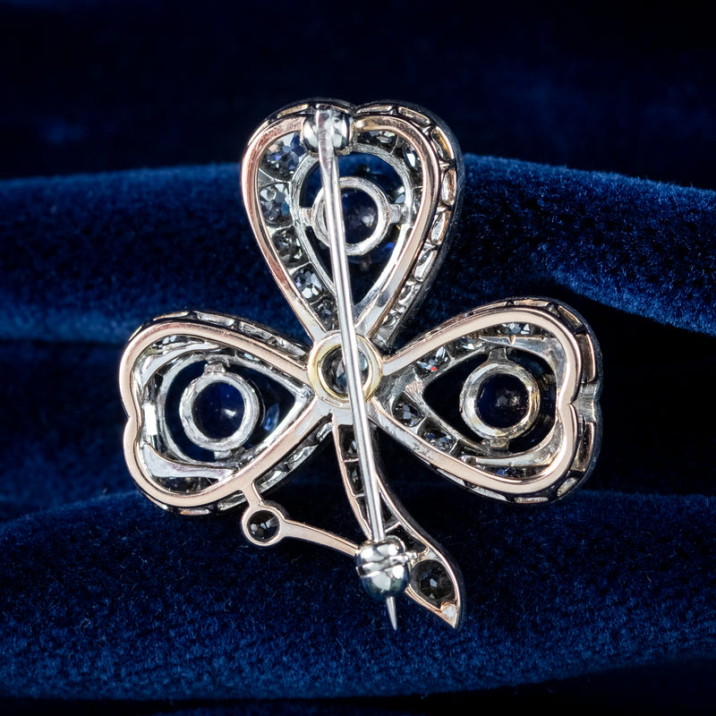 Antique Victorian Sapphire Diamond Shamrock Brooch Silver 18ct Gold