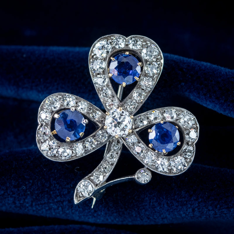 Antique Victorian Sapphire Diamond Shamrock Brooch Silver 18ct Gold