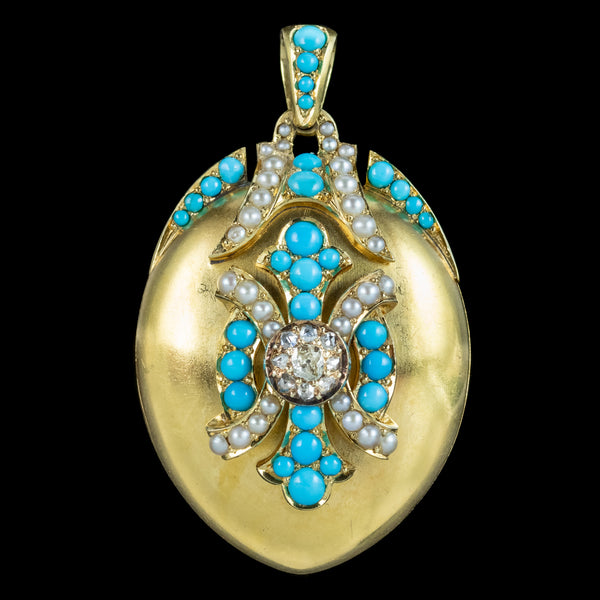 Antique Victorian Turquoise Diamond Pearl Locket 18ct Gold 