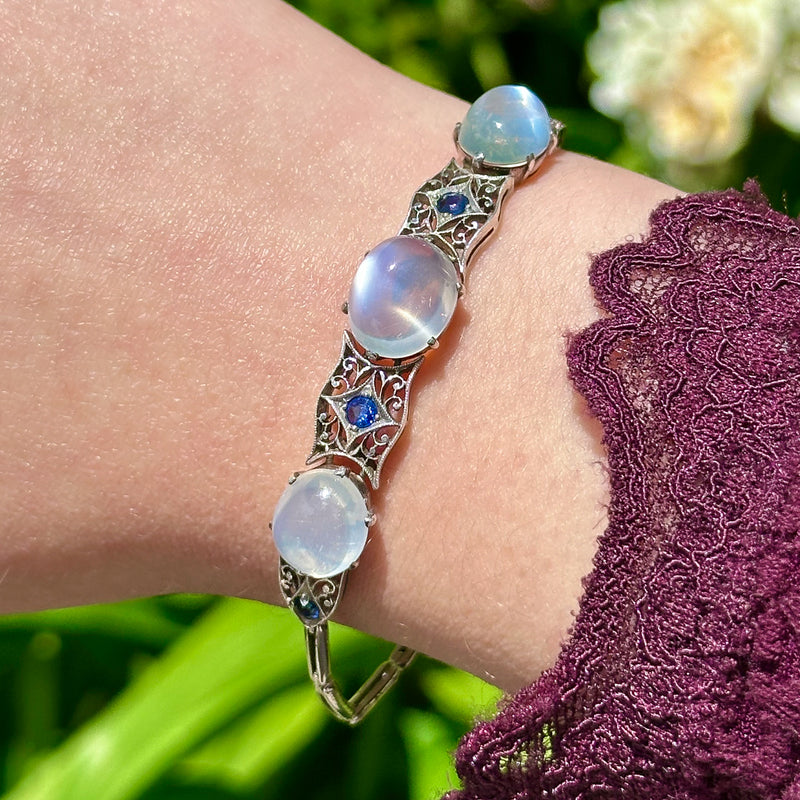 Antique Art Deco Moonstone Sapphire Bracelet Silver