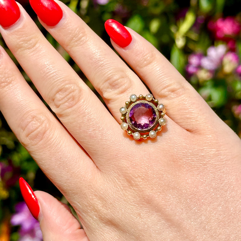 Antique Victorian Amethyst Pearl Cluster Ring 6ct Amethyst