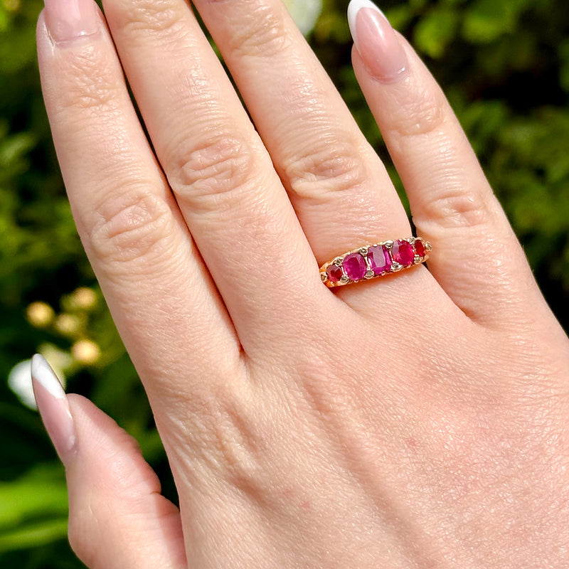 Antique Victorian Ruby Diamond Five Stone Ring 1.25ct Of Ruby With Cert