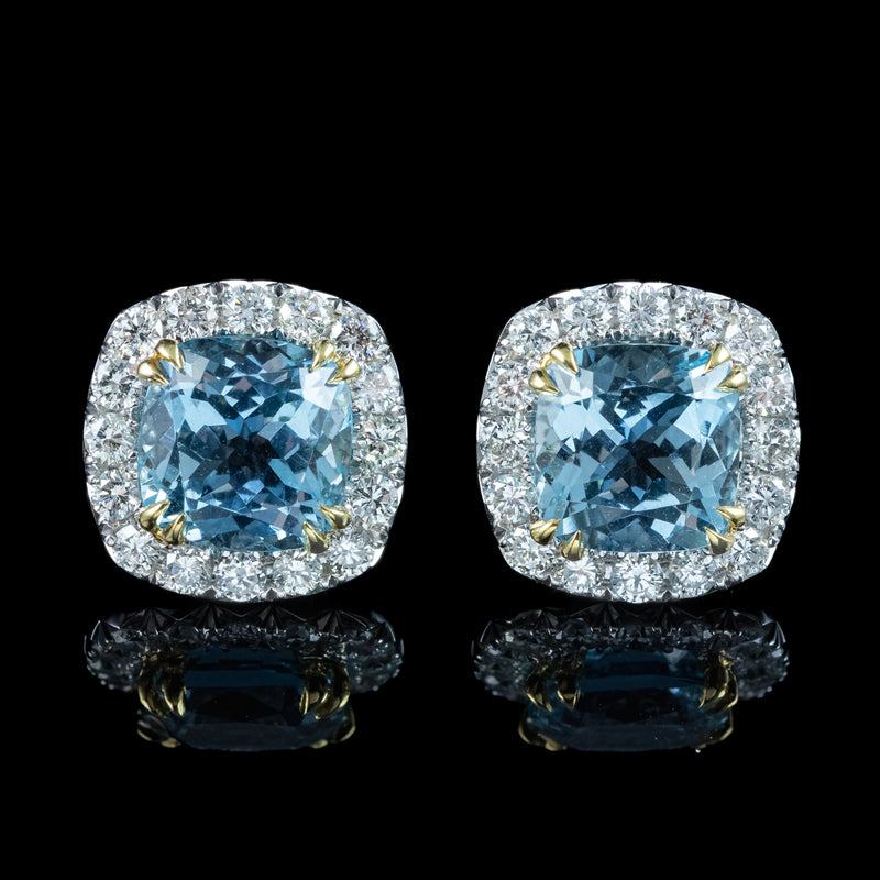 Edwardian Style Aquamarine Diamond Stud Earrings 18ct Gold 4.37ct Aquamarine