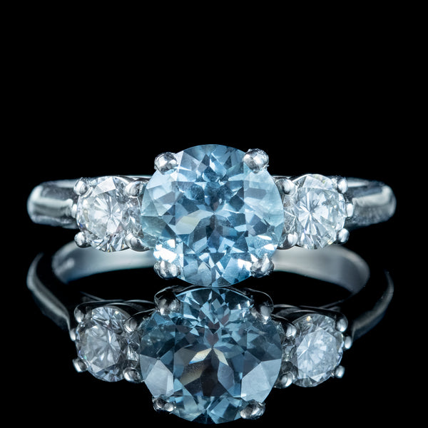 Edwardian Style Aquamarine Diamond Trilogy Ring 2.2ct Aqua