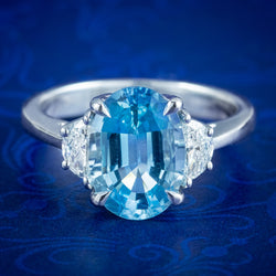 Art Deco Style Aquamarine Half Moon Diamond Trilogy Ring 3ct Aqua