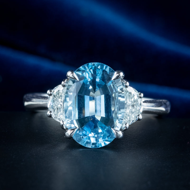 Art Deco Style Aquamarine Half Moon Diamond Trilogy Ring 3ct Aqua