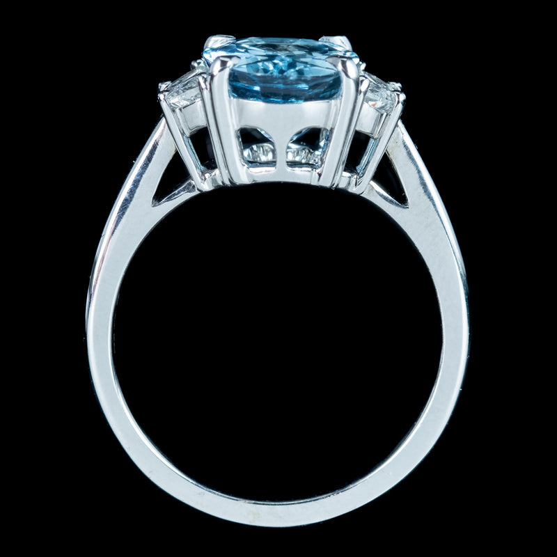 Art Deco Style Aquamarine Half Moon Diamond Trilogy Ring 3ct Aqua