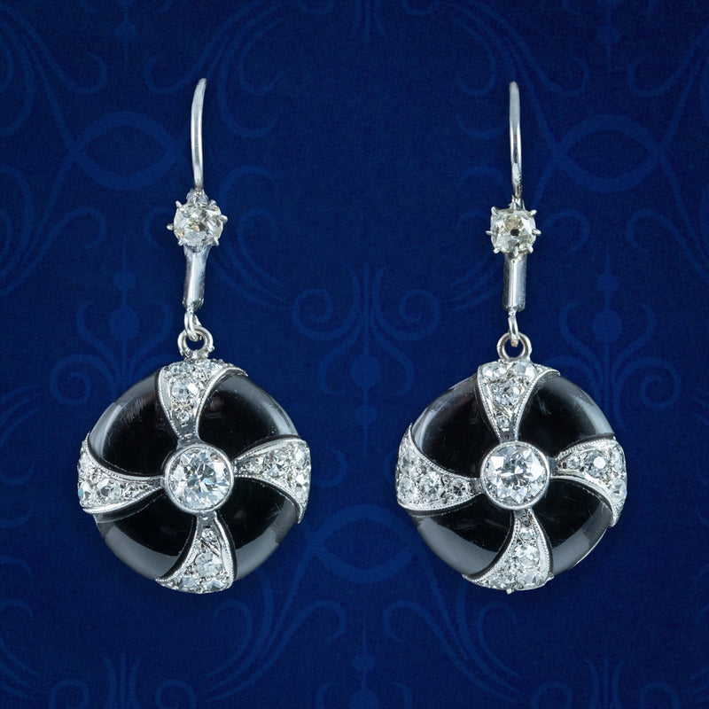 Art Deco Onyx Diamond Drop Earrings Platinum 