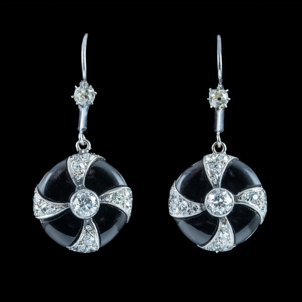 Art Deco Onyx Diamond Drop Earrings Platinum 