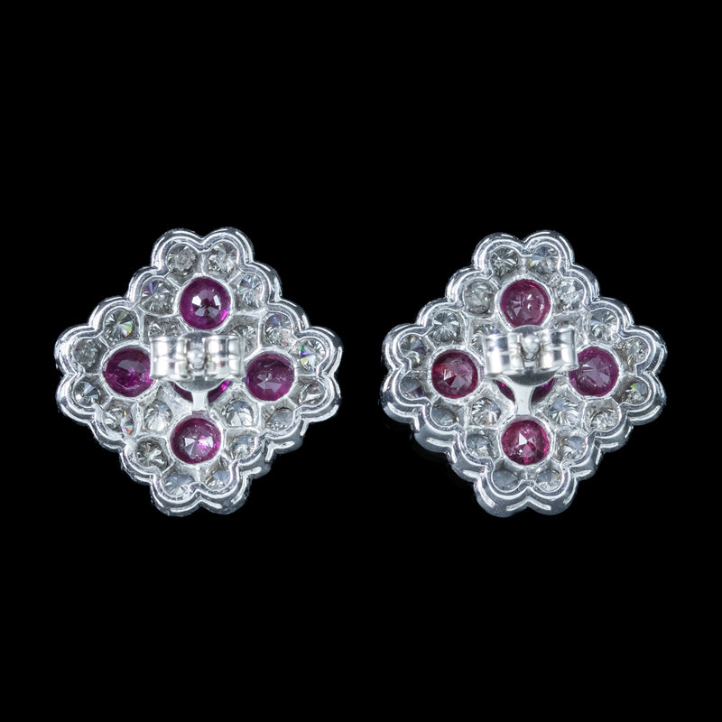 Art Deco Ruby Diamond Cluster Earrings 1.8ct Ruby 4ct Diamond