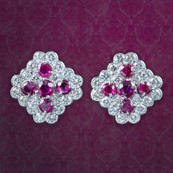 Art Deco Ruby Diamond Cluster Earrings 1.8ct Ruby 4ct Diamond