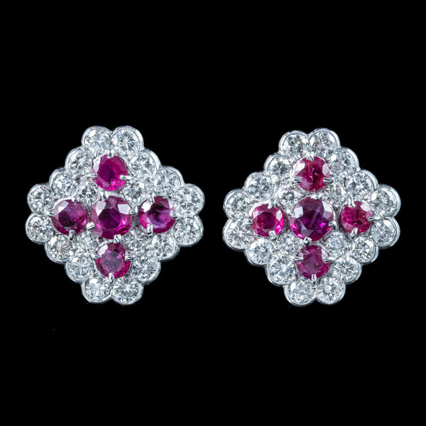 Art Deco Ruby Diamond Cluster Earrings 1.8ct Ruby 4ct Diamond