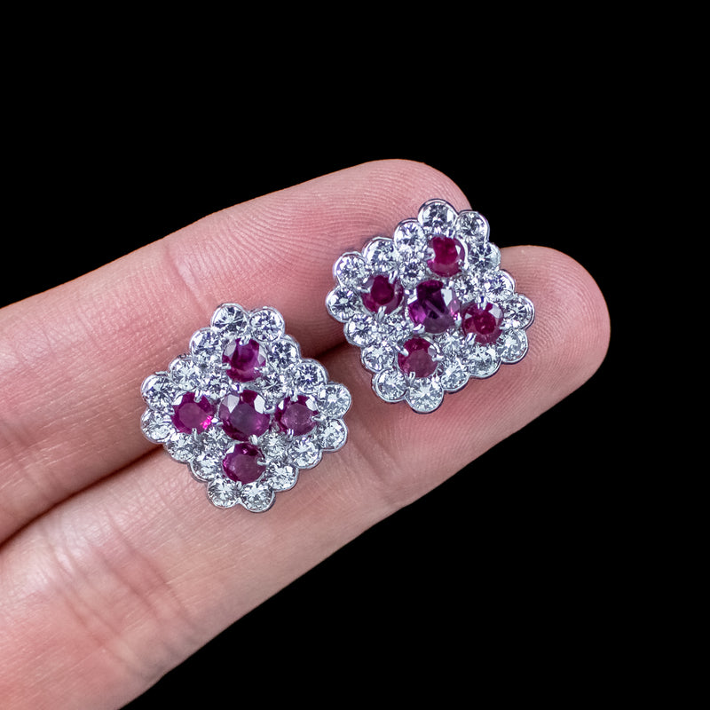 Art Deco Ruby Diamond Cluster Earrings 1.8ct Ruby 4ct Diamond