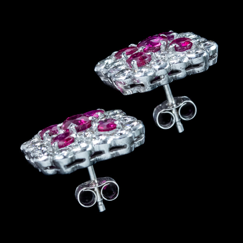 Art Deco Ruby Diamond Cluster Earrings 1.8ct Ruby 4ct Diamond