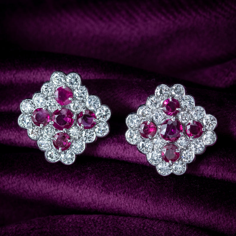 Art Deco Ruby Diamond Cluster Earrings 1.8ct Ruby 4ct Diamond