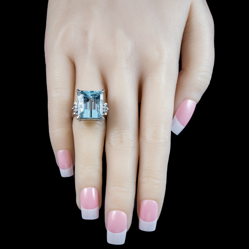 Art Deco Style Aquamarine Diamond Ring Platinum 14.88ct Aqua