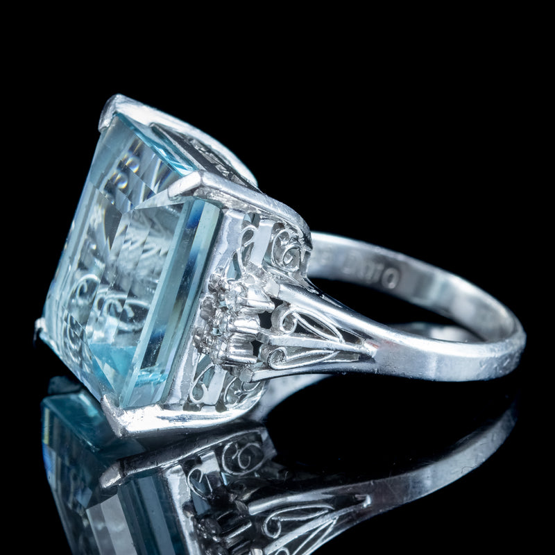 Art Deco Style Aquamarine Diamond Ring Platinum 14.88ct Aqua