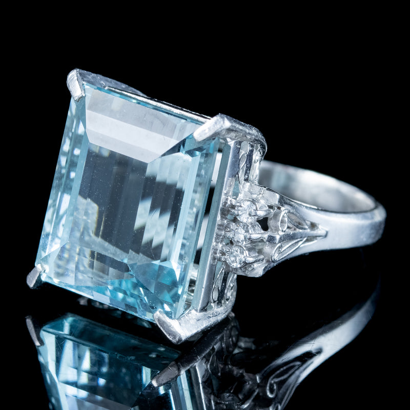 Art Deco Style Aquamarine Diamond Ring Platinum 14.88ct Aqua