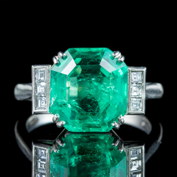 Art Deco Style Emerald Diamond Ring 6.19ct Colombian Emerald With Cert